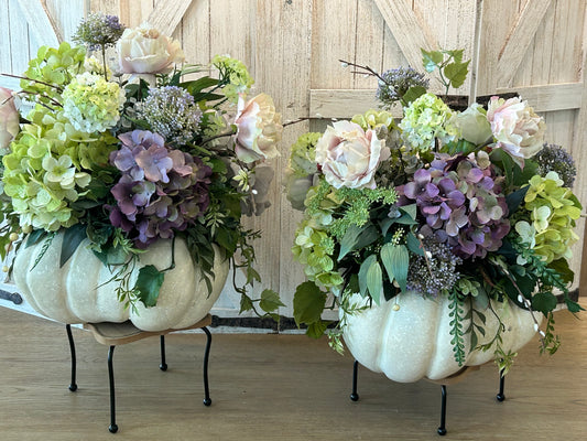 Arrangement for Sale - Fall Green Pumpkins Filled with Pink Roses, Purple Hydrangeas and Green Florals