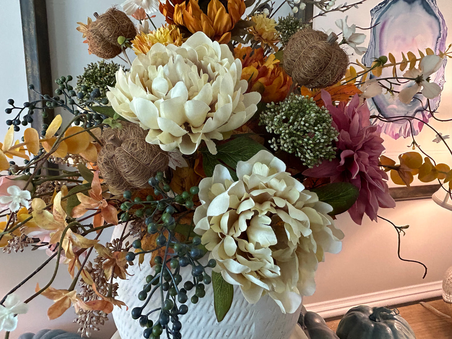 Arrangement for Sale - Fall Large Neutral Tones Full Floral Buffet or Entry Way (White Vase)