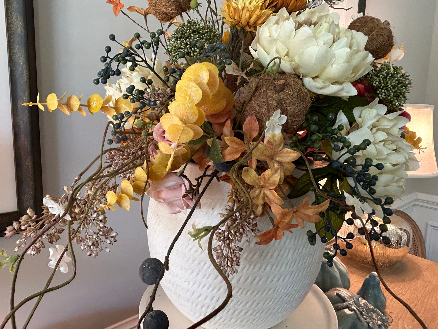 Arrangement for Sale - Fall Large Neutral Tones Full Floral Buffet or Entry Way (White Vase)