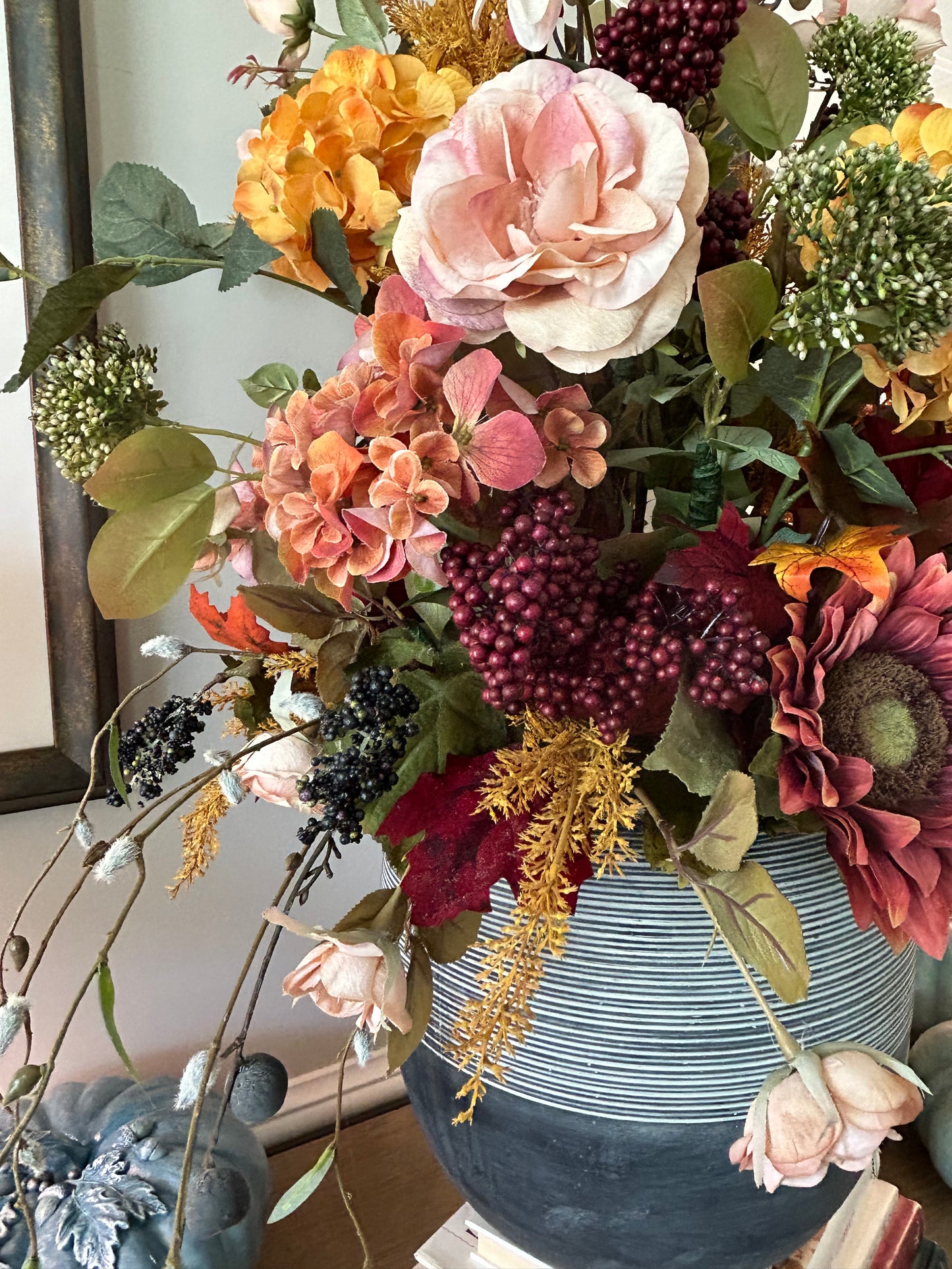 Arrangement for Sale - Fall Large Jeweled Tones Full Floral Buffet or Entry Way (Blue Vase)