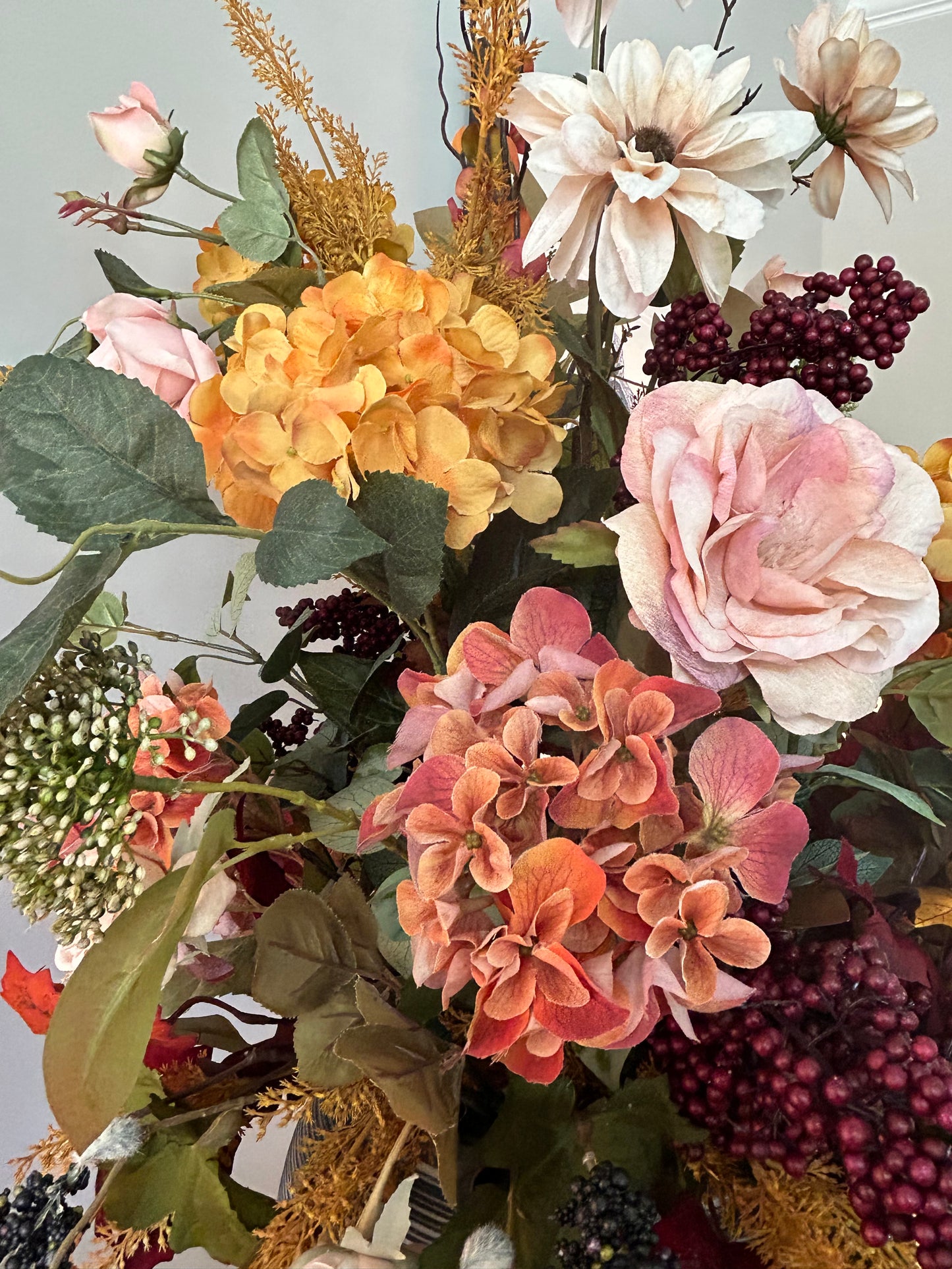 Arrangement for Sale - Fall Large Jeweled Tones Full Floral Buffet or Entry Way (Blue Vase)