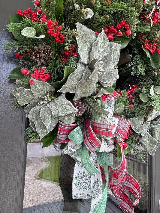 Wreath for Sale - Christmas Sage Green 24" Poinsettia/Red Berry Wreath