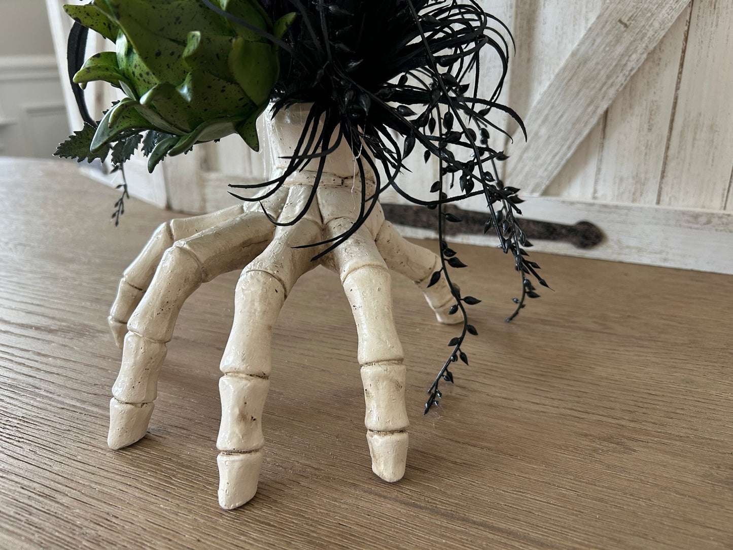 Arrangement for Sale - Halloween Arrangement with Skull Hand and Creepy Florals