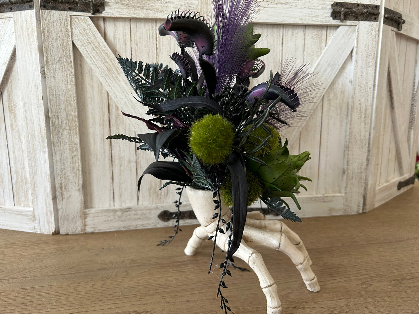 Arrangement for Sale - Halloween Arrangement with Skull Hand and Creepy Florals