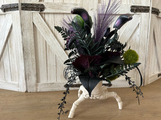 Arrangement for Sale - Halloween Arrangement with Skull Hand and Creepy Florals
