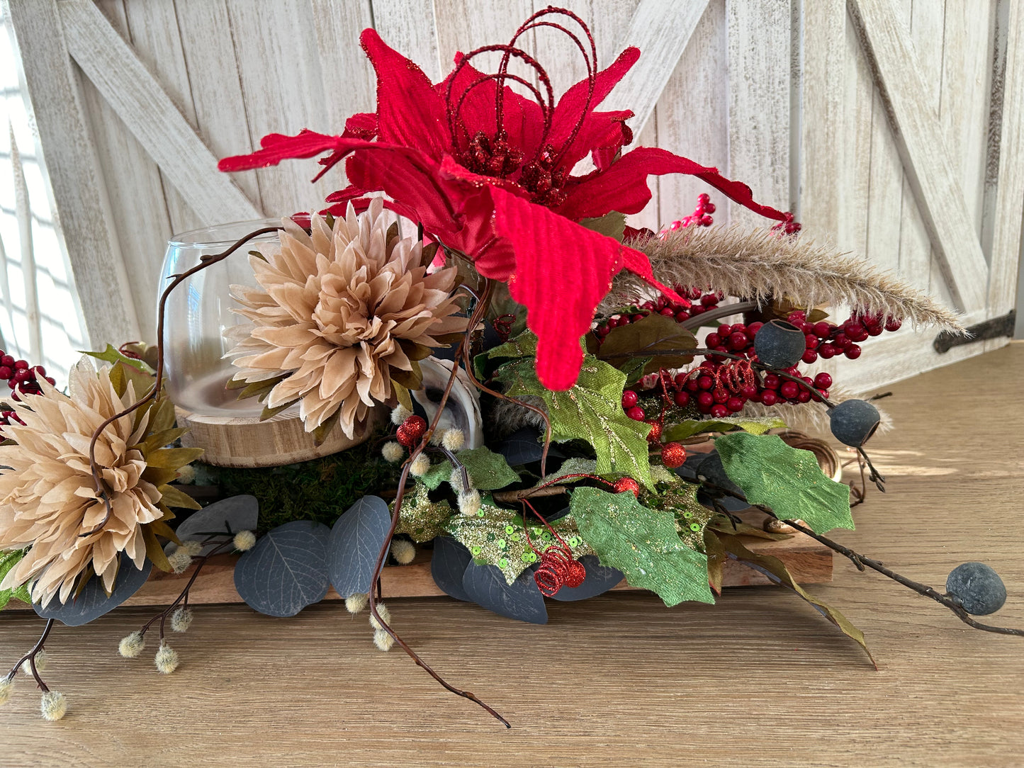 Arrangement for Sale - Christmas Poinsettias and Greenery with Handled Tray and Candleholder