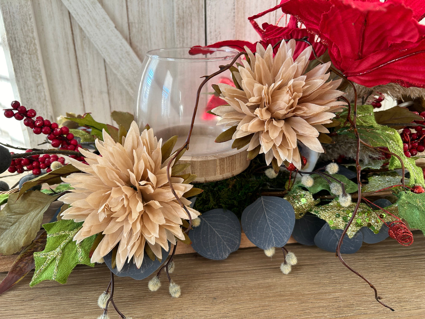 Arrangement for Sale - Christmas Poinsettias and Greenery with Handled Tray and Candleholder