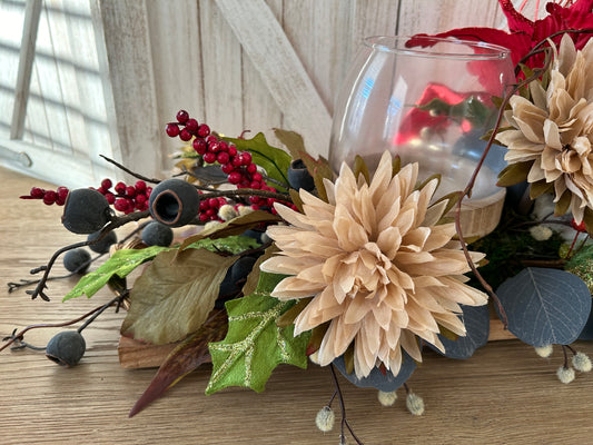 Arrangement for Sale - Christmas Poinsettias and Greenery with Handled Tray and Candleholder