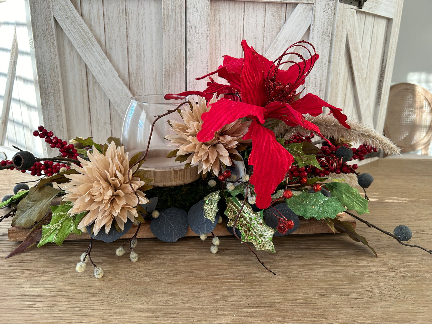 Arrangement for Sale - Christmas Poinsettias and Greenery with Handled Tray and Candleholder