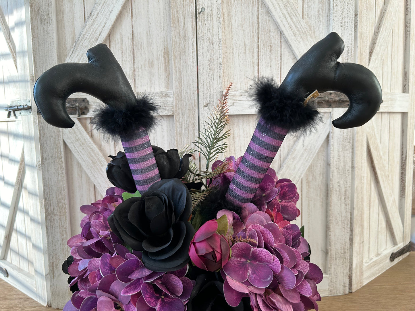 Arrangement for Sale - Halloween Arrangement with Witch Feet in a Black Pumpkin