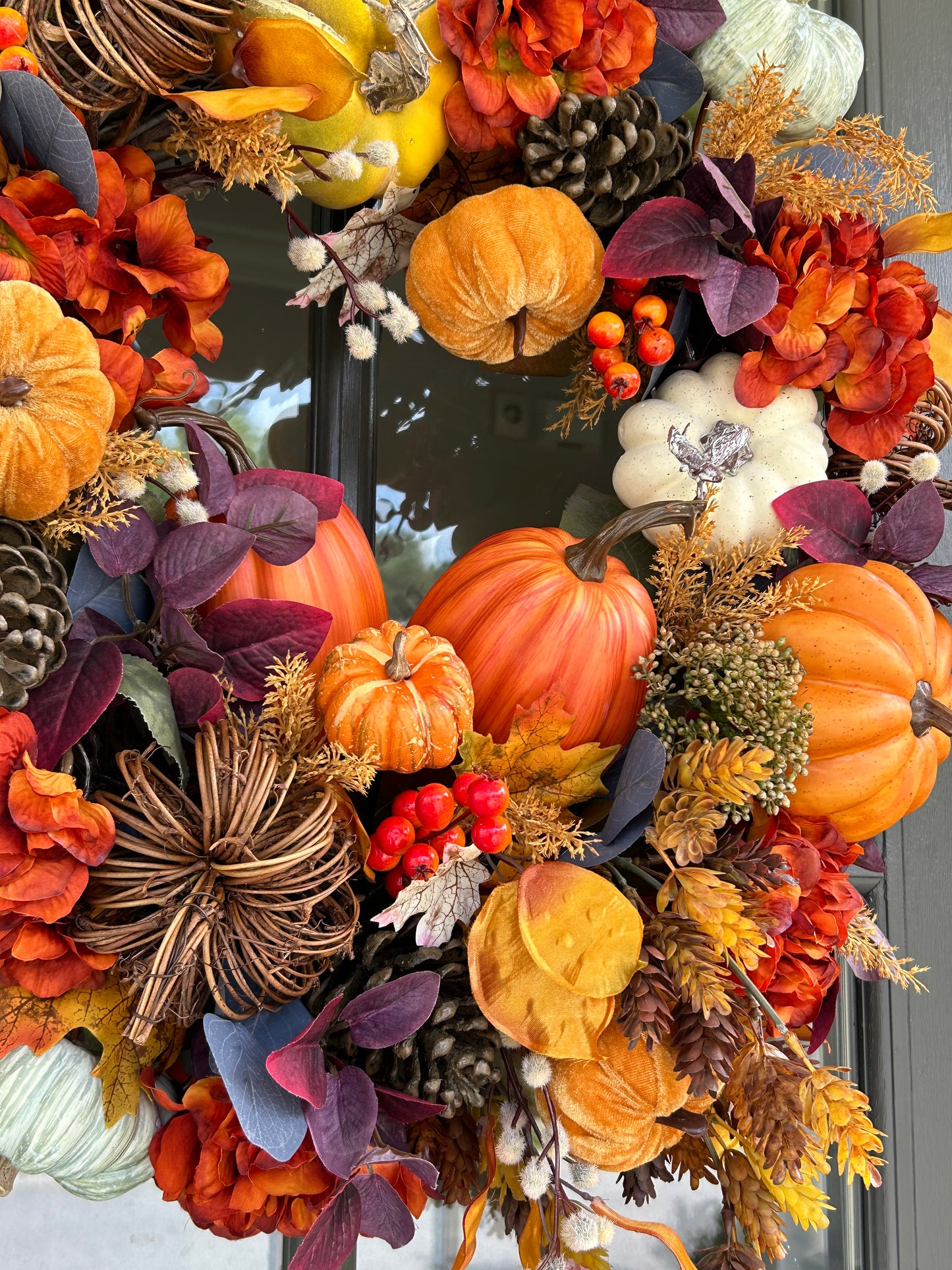 Wreath for Sale - Fall Full Floral Wreath with Multi Colored Pumpkins