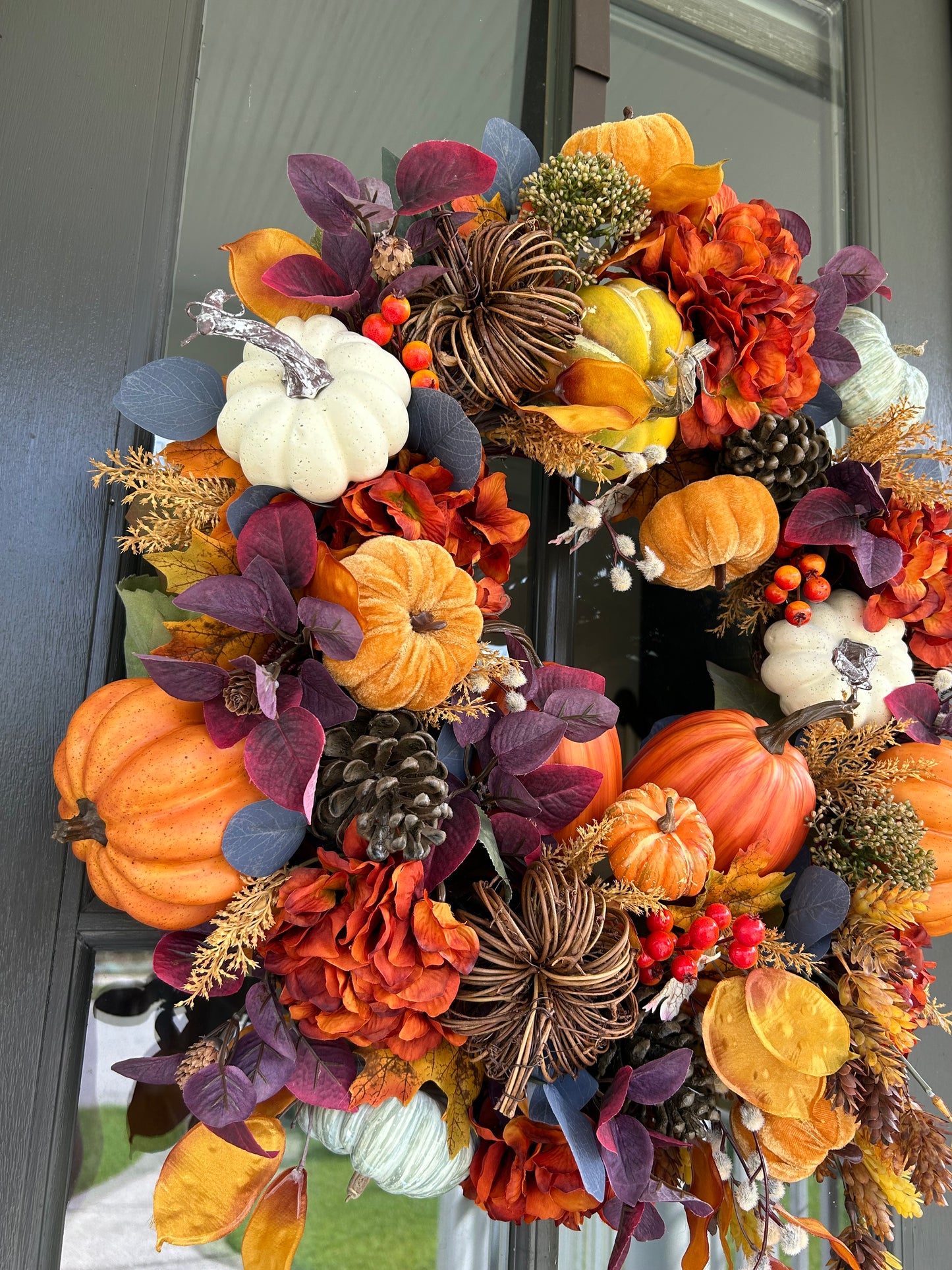 Wreath for Sale - Fall Full Floral Wreath with Multi Colored Pumpkins