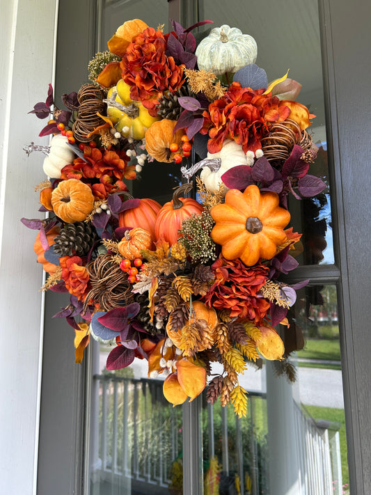 Wreath for Sale - Fall Full Floral Wreath with Multi Colored Pumpkins