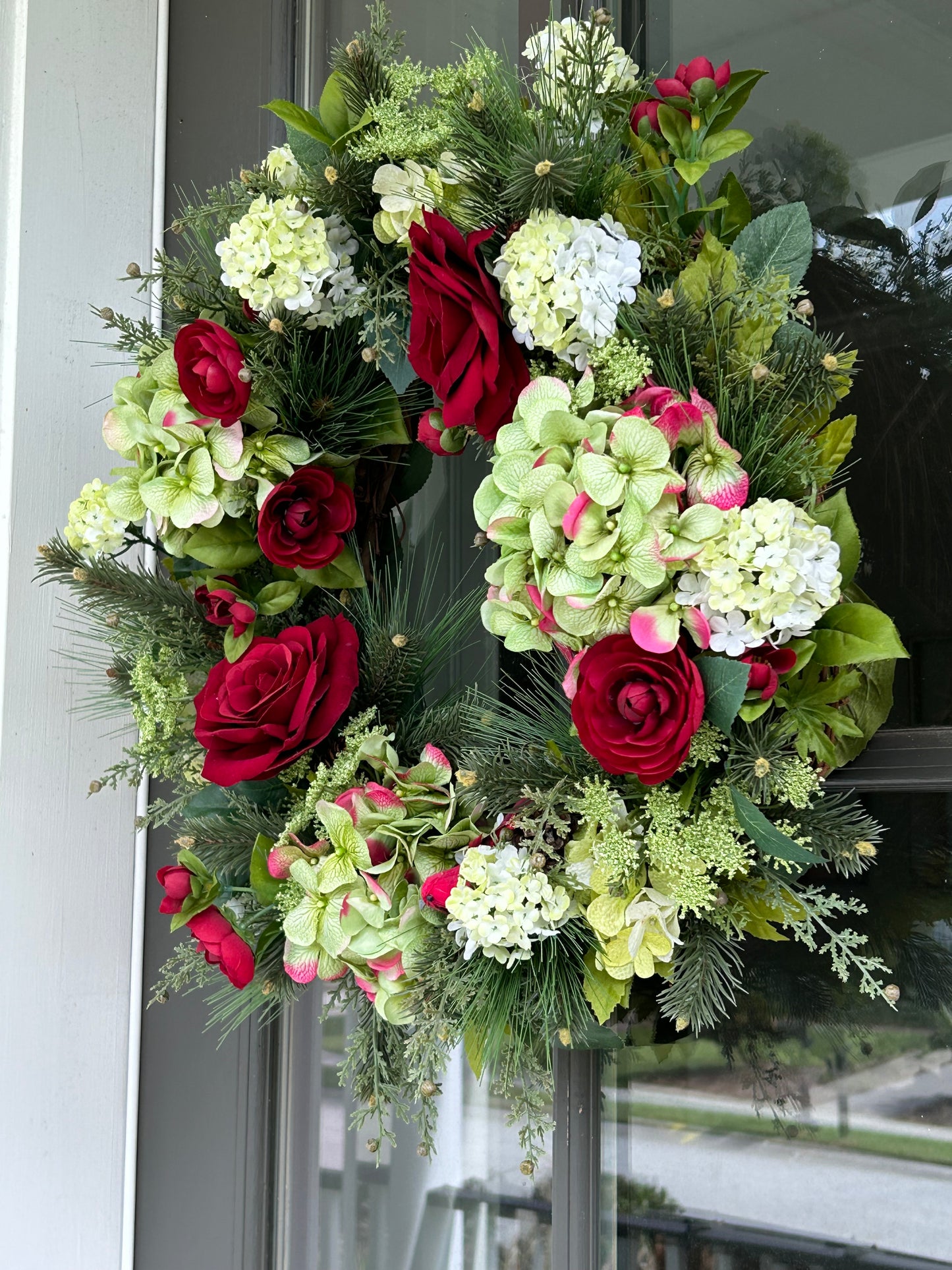 Wreath for Sale - Christmas Red Ranunculus and Green Hydrangeas