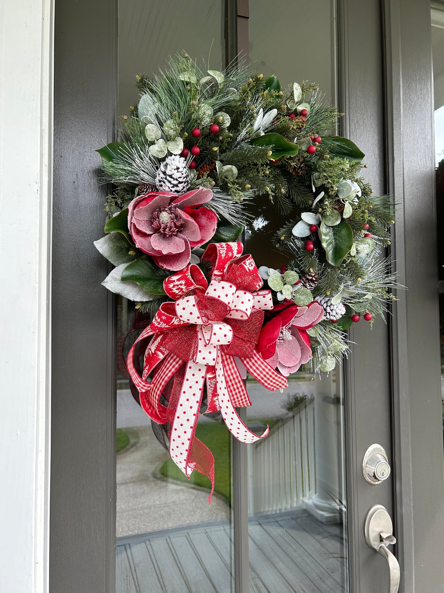 Wreath for Sale - Christmas Green 24" Frosted Red Magnolias Wreath