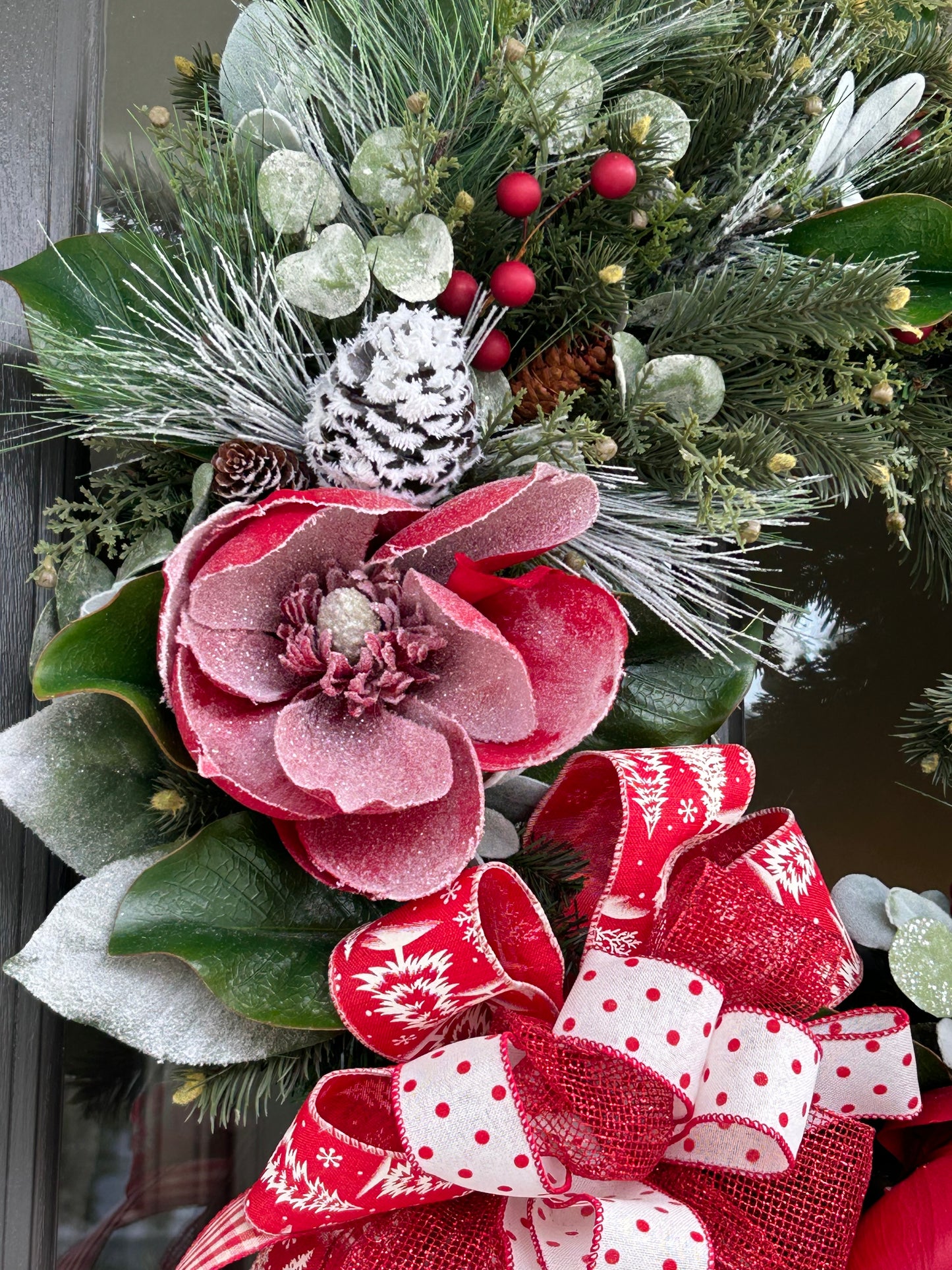 Wreath for Sale - Christmas Green 24" Frosted Red Magnolias Wreath