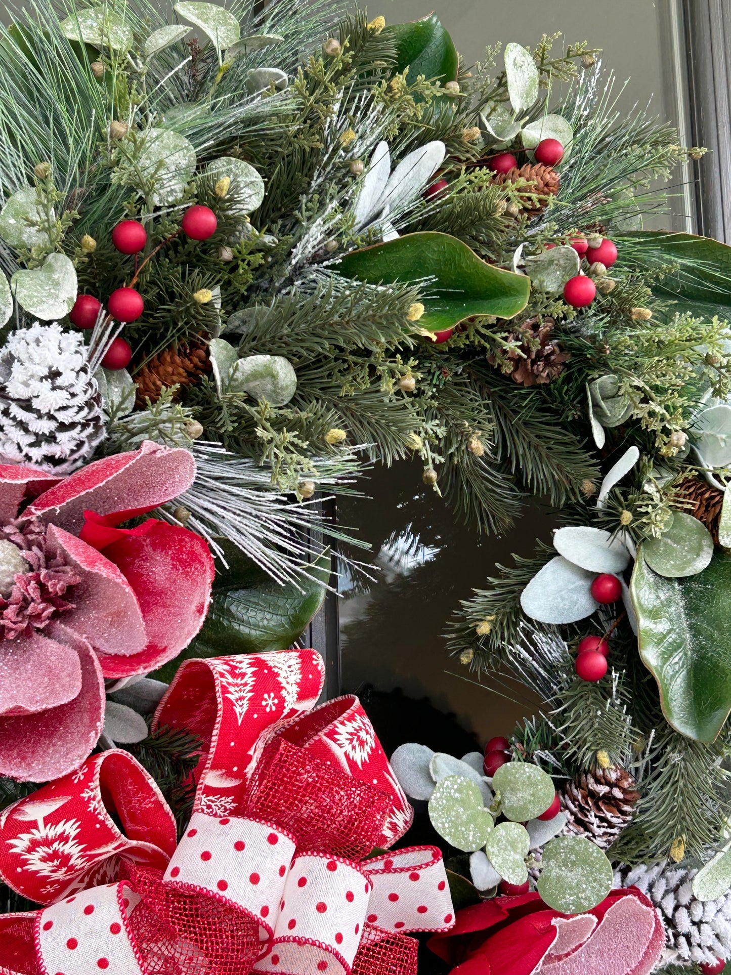 Wreath for Sale - Christmas Green 24" Frosted Red Magnolias Wreath
