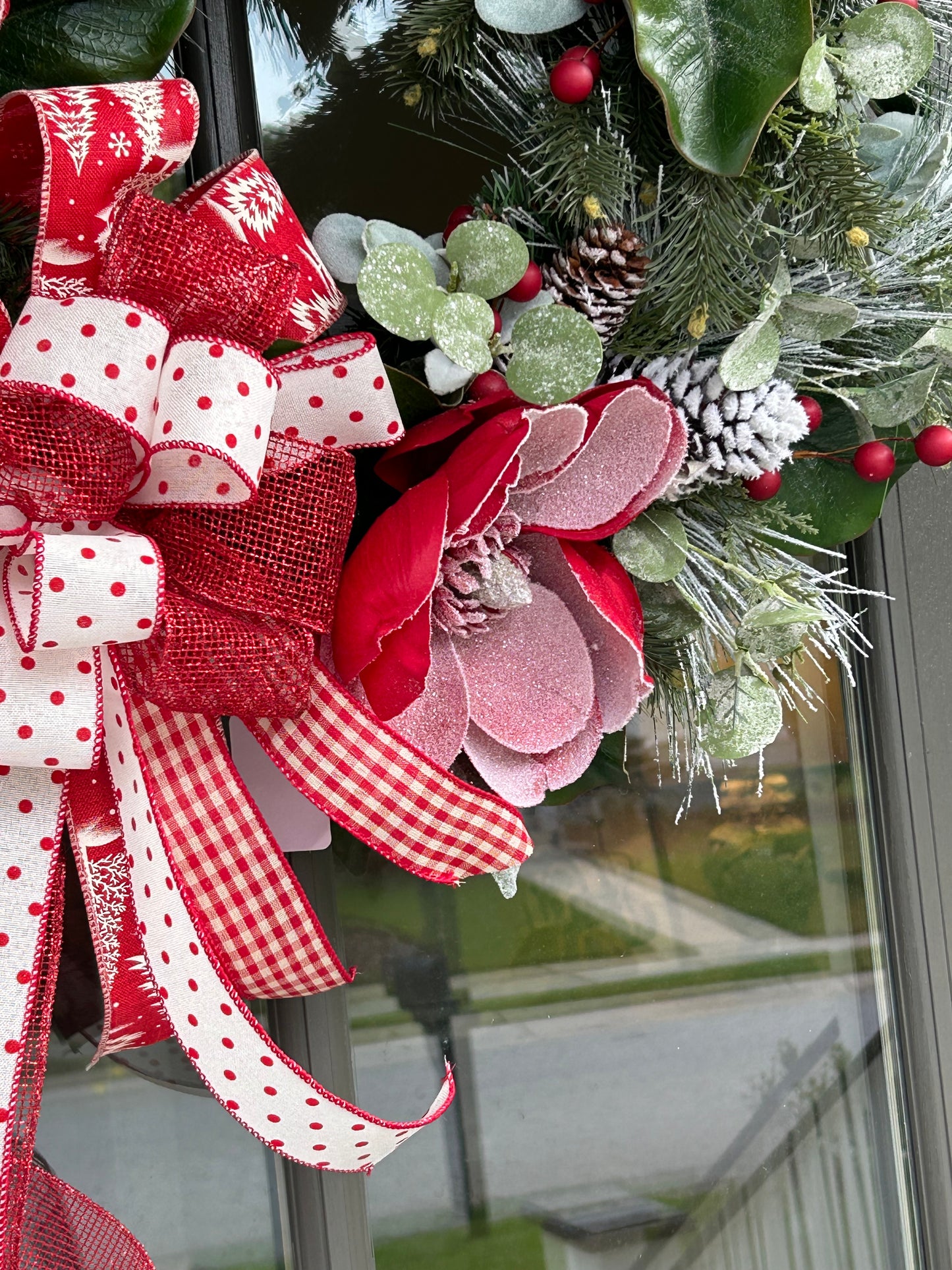 Wreath for Sale - Christmas Green 24" Frosted Red Magnolias Wreath