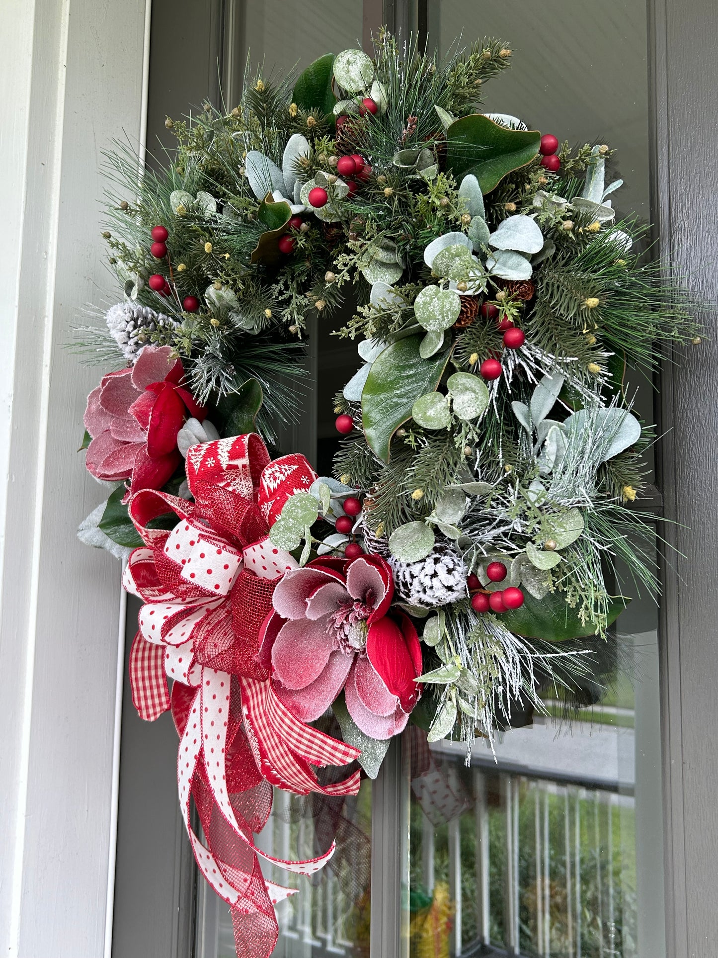 Wreath for Sale - Christmas Green 24" Frosted Red Magnolias Wreath