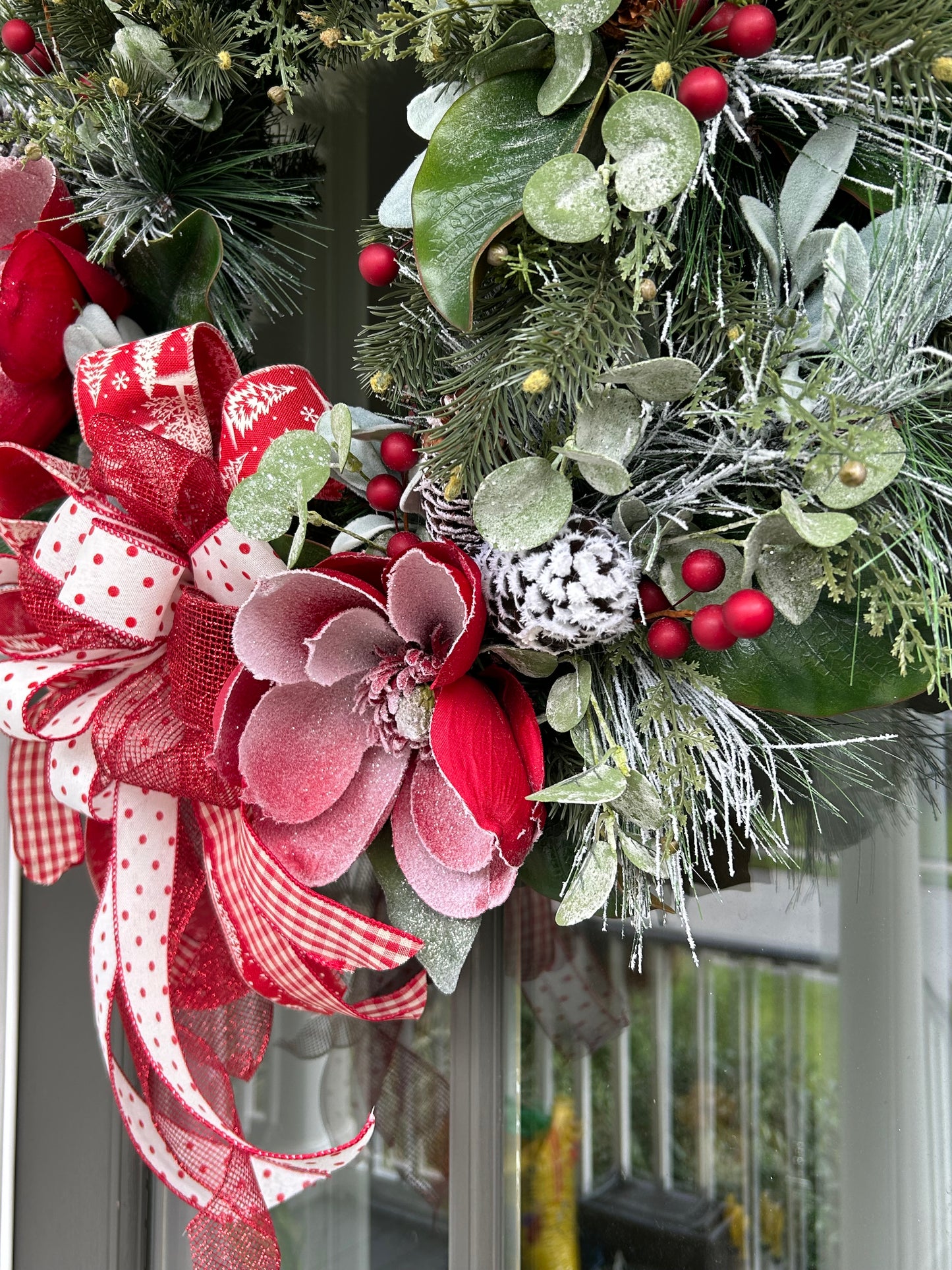 Wreath for Sale - Christmas Green 24" Frosted Red Magnolias Wreath