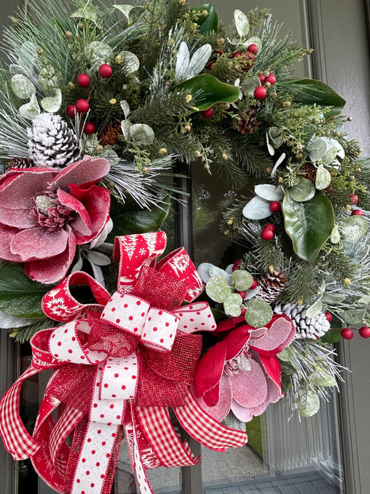 Wreath for Sale - Christmas Green 24" Frosted Red Magnolias Wreath