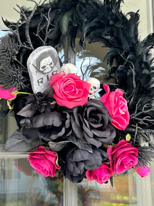 Wreath for Sale - Halloween Wreath with Black Feathers, Skulls and Pink Roses