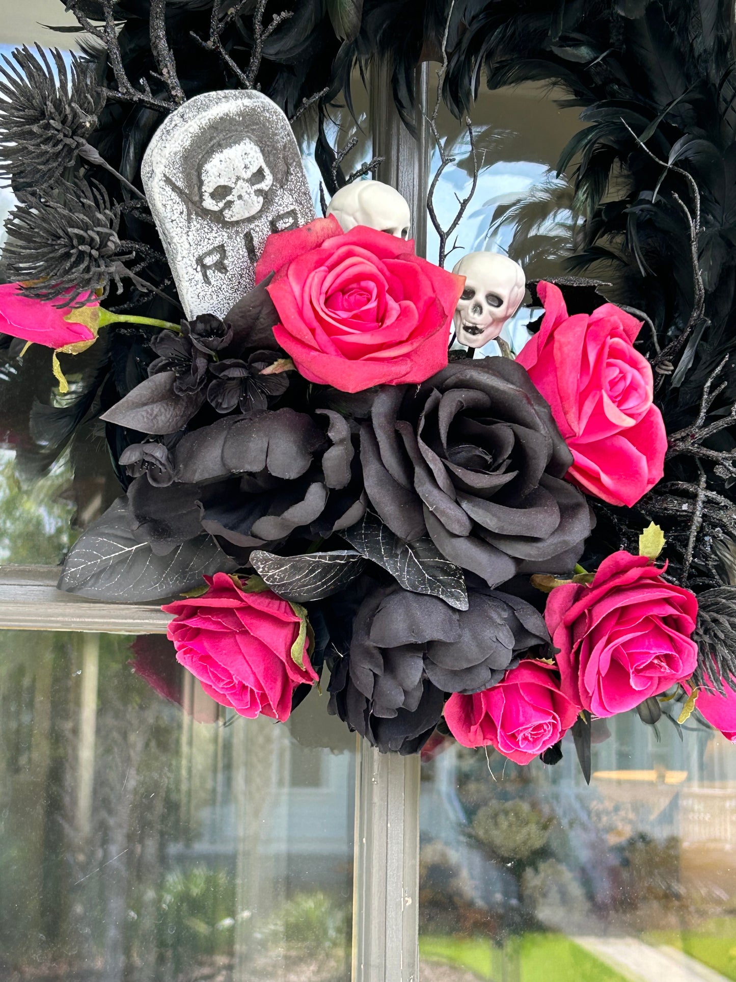 Wreath for Sale - Halloween Wreath with Black Feathers, Skulls and Pink Roses