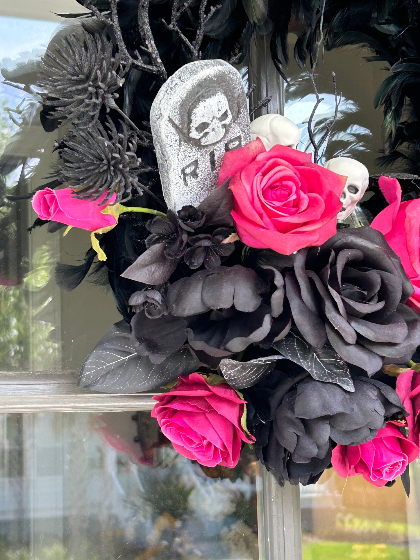 Wreath for Sale - Halloween Wreath with Black Feathers, Skulls and Pink Roses