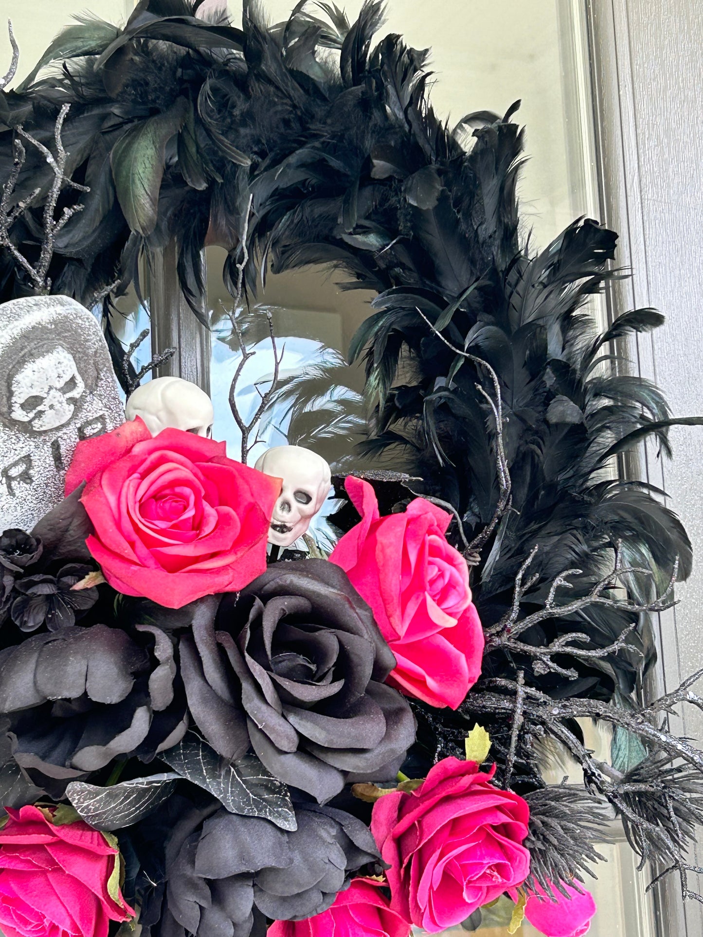Wreath for Sale - Halloween Wreath with Black Feathers, Skulls and Pink Roses