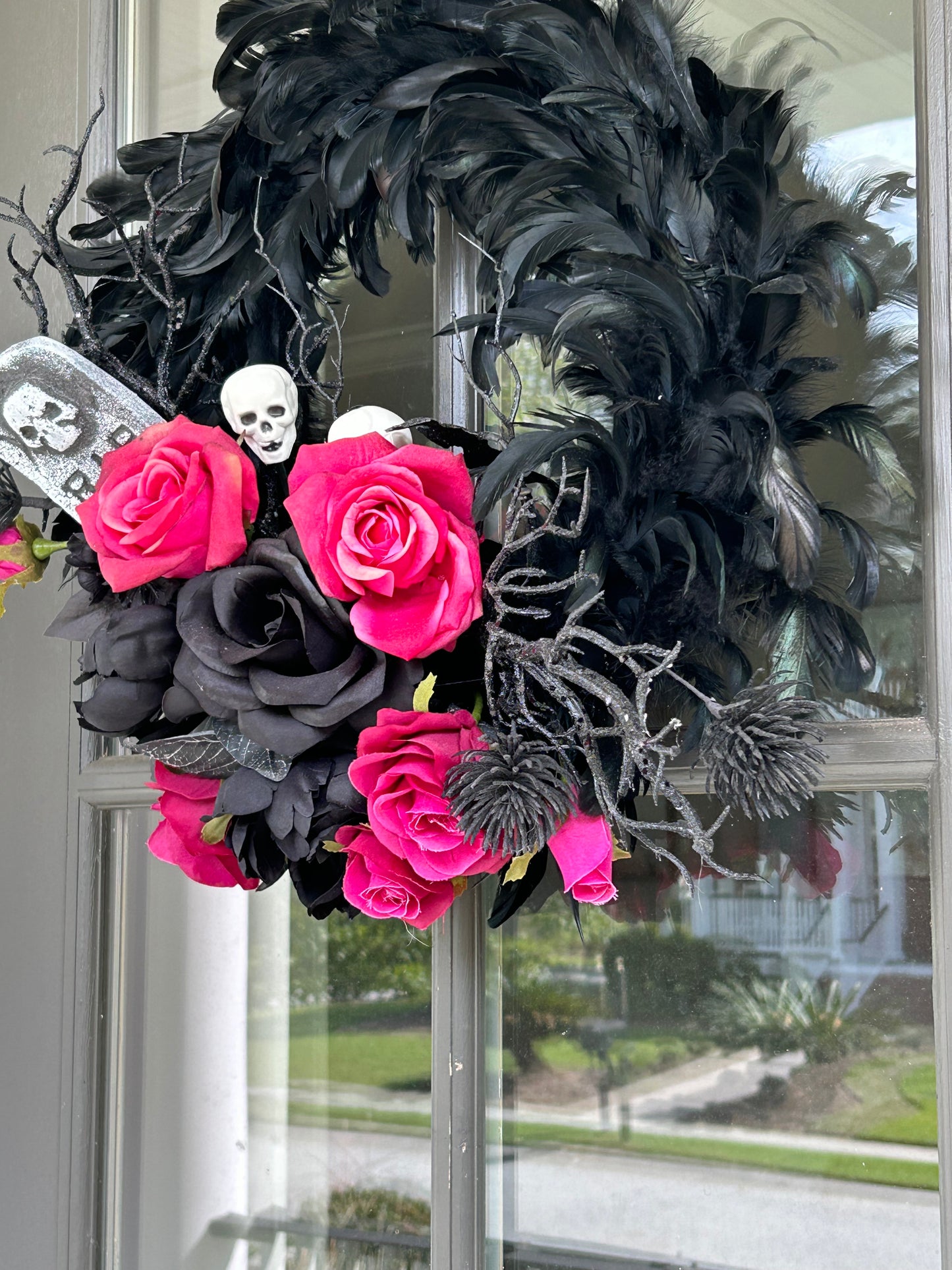 Wreath for Sale - Halloween Wreath with Black Feathers, Skulls and Pink Roses