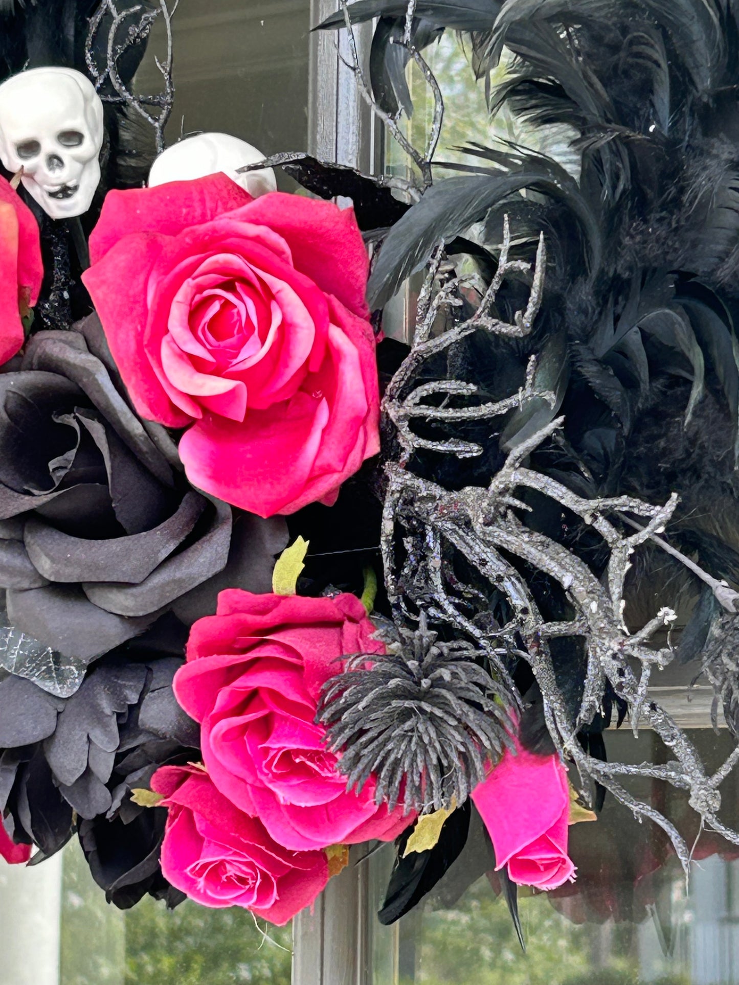 Wreath for Sale - Halloween Wreath with Black Feathers, Skulls and Pink Roses