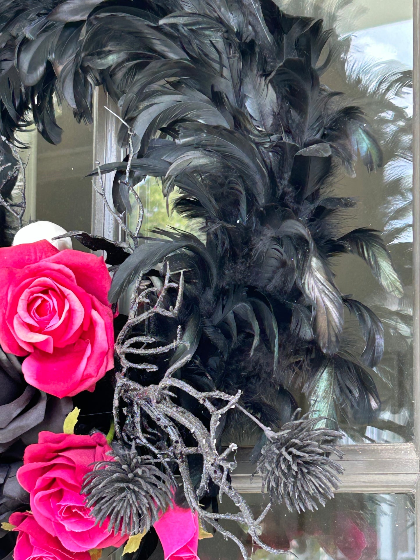 Wreath for Sale - Halloween Wreath with Black Feathers, Skulls and Pink Roses