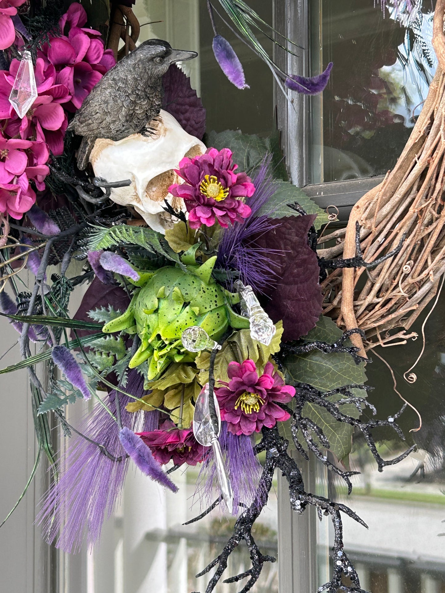 Wreath for Sale - Halloween Wreath with Wisteria, Skull, Crow and Creepy Plants