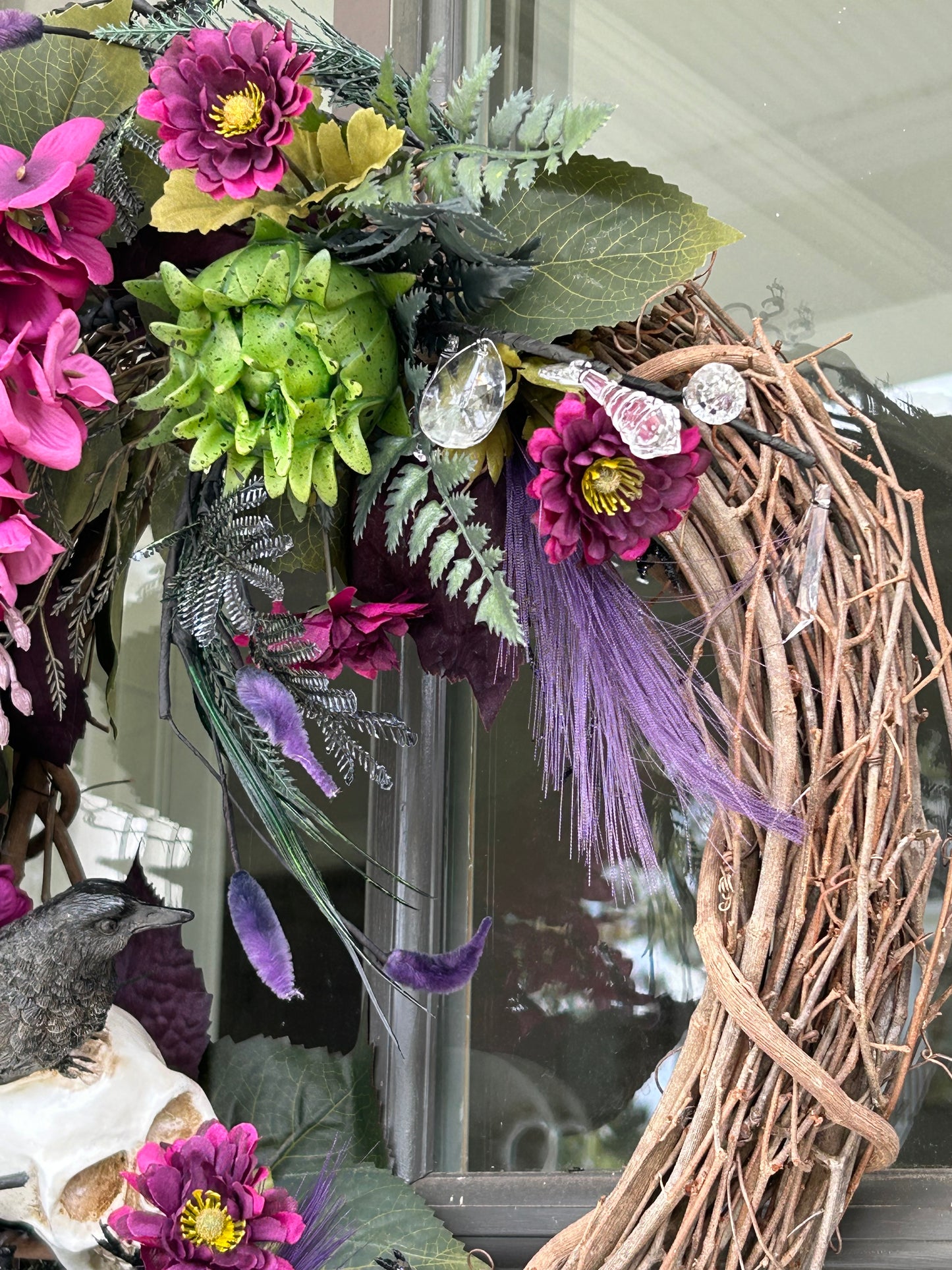 Wreath for Sale - Halloween Wreath with Wisteria, Skull, Crow and Creepy Plants