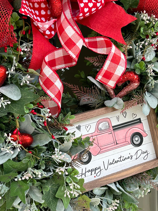 Wreath for Sale - Valentines Wreath Filled with the Red Hearts and a Pink Sign