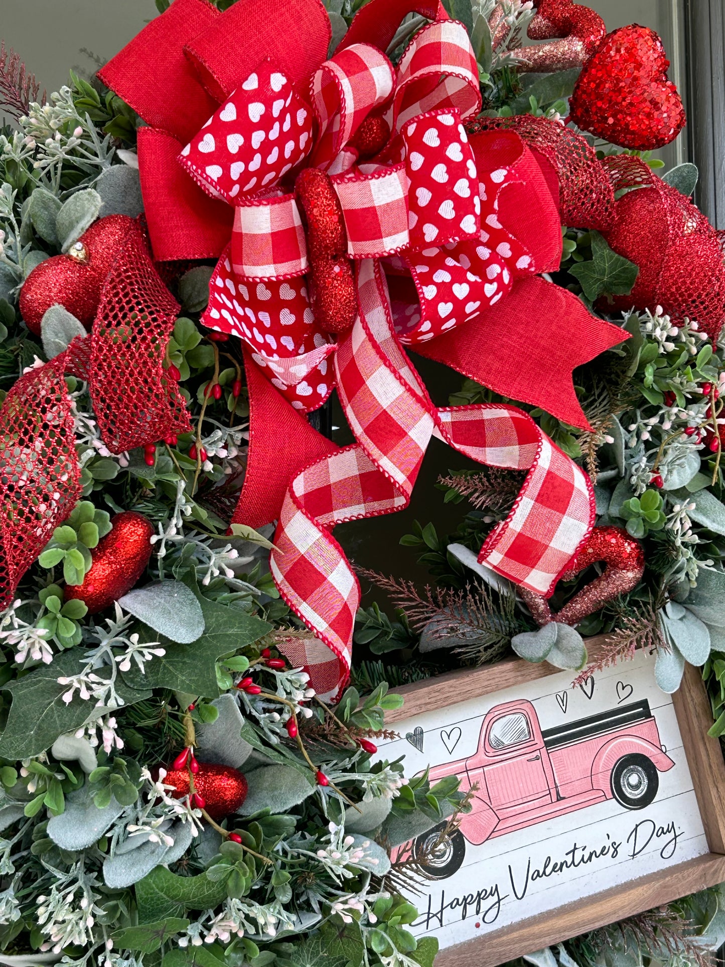 Wreath for Sale - Valentines Wreath Filled with the Red Hearts and a Pink Sign
