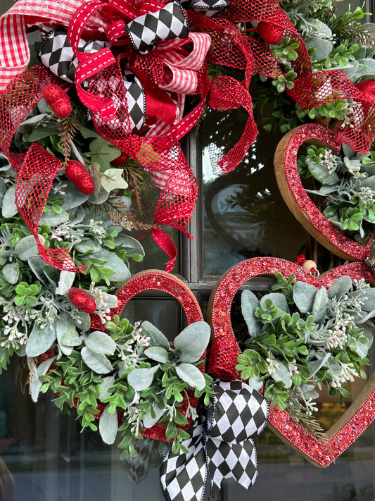 Wreath for Sale - Valentines Wreath Filled with the Red Hearts, Harlequin Ribbon and Lots of Greenery