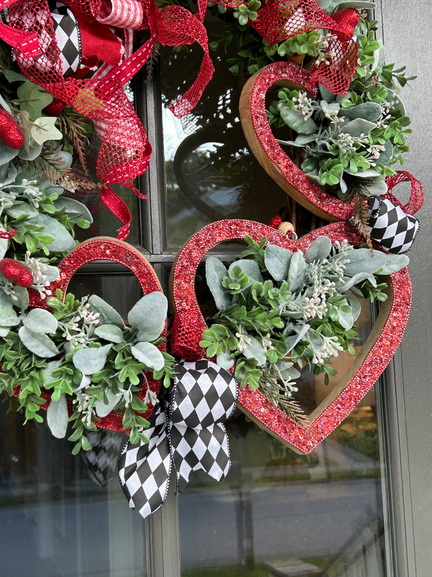 Wreath for Sale - Valentines Wreath Filled with the Red Hearts, Harlequin Ribbon and Lots of Greenery