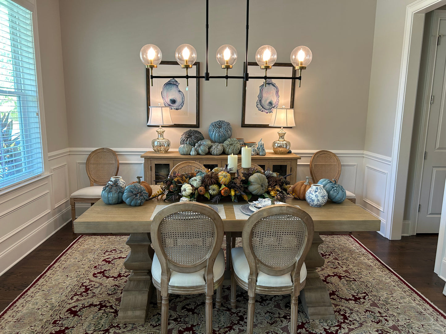 Arrangement for Sale - Fall Pumpkins in a Low, Long, Wooden Base with Candlesticks