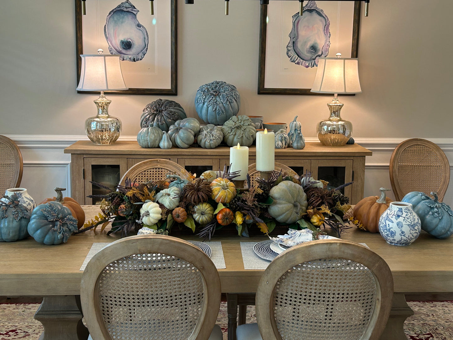 Arrangement for Sale - Fall Pumpkins in a Low, Long, Wooden Base with Candlesticks