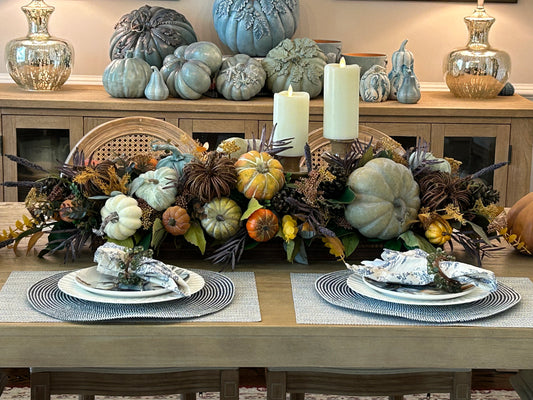 Arrangement for Sale - Fall Pumpkins in a Low, Long, Wooden Base with Candlesticks