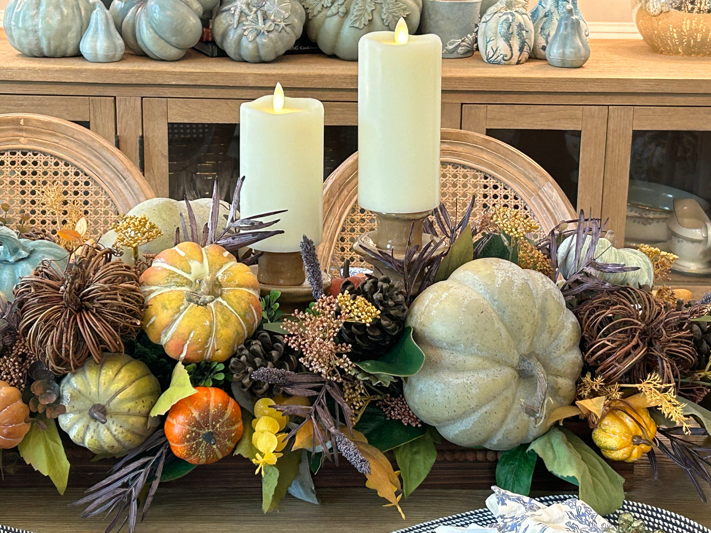 Arrangement for Sale - Fall Pumpkins in a Low, Long, Wooden Base with Candlesticks