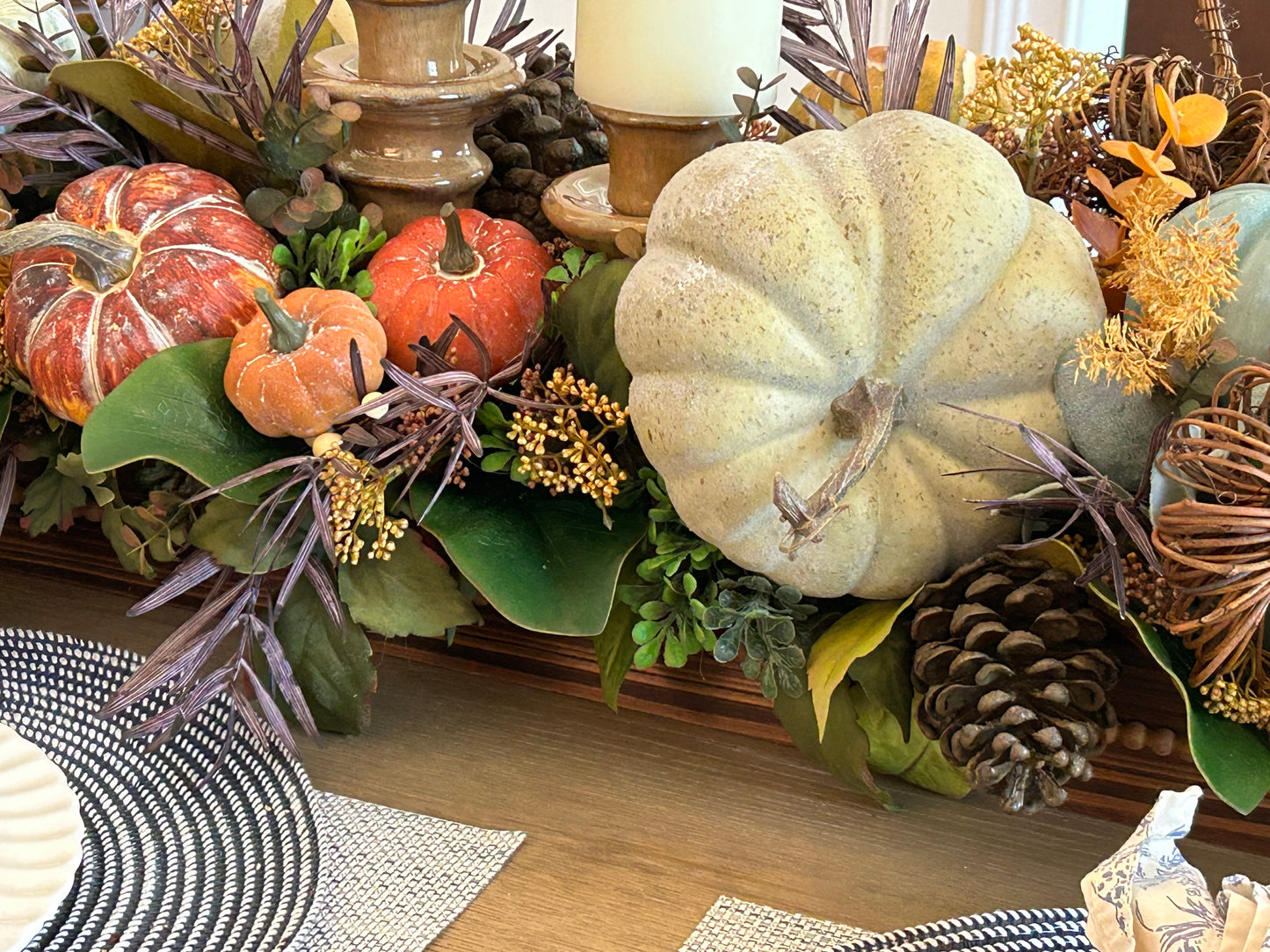 Arrangement for Sale - Fall Pumpkins in a Low, Long, Wooden Base with Candlesticks