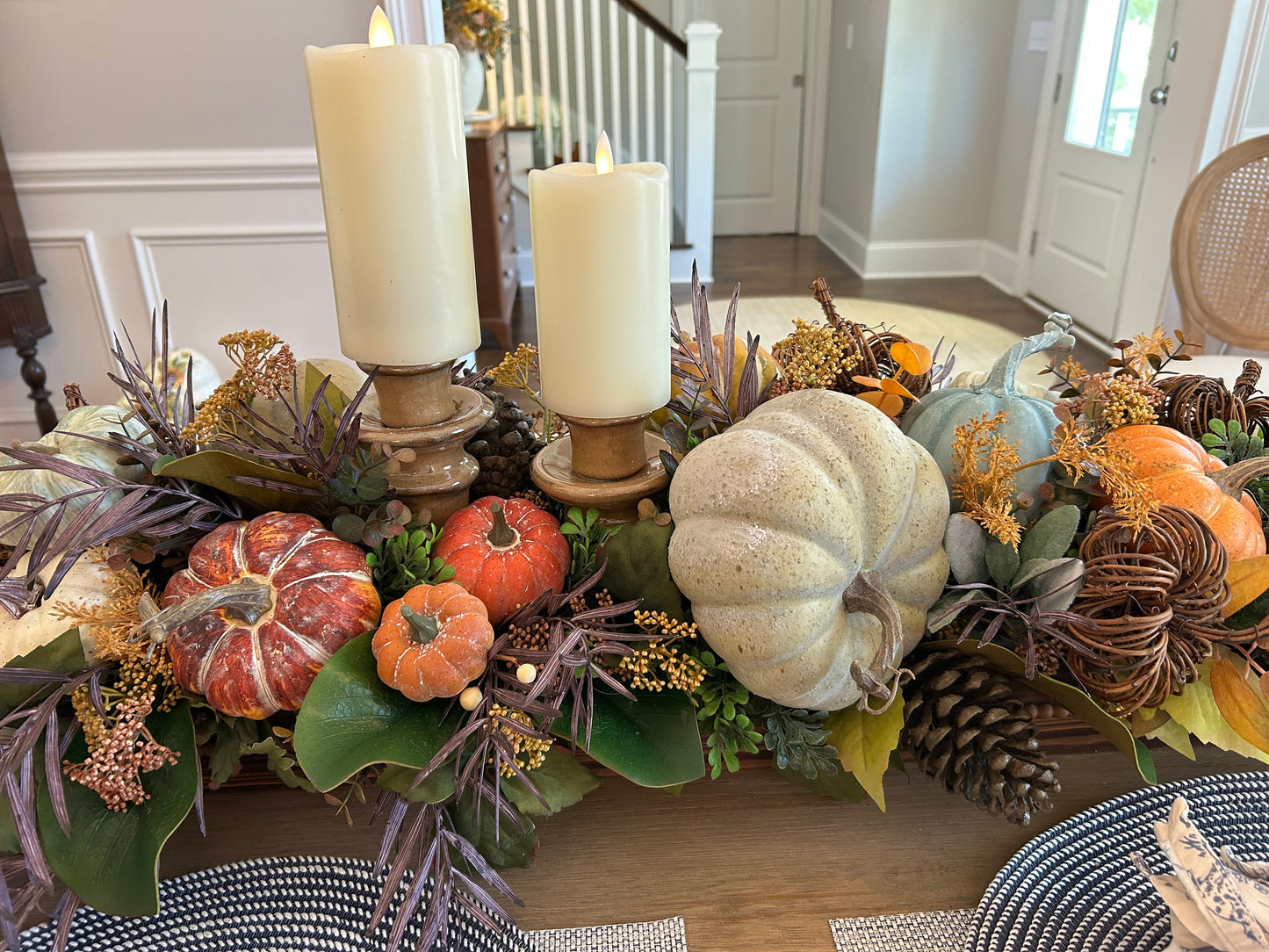 Arrangement for Sale - Fall Pumpkins in a Low, Long, Wooden Base with Candlesticks