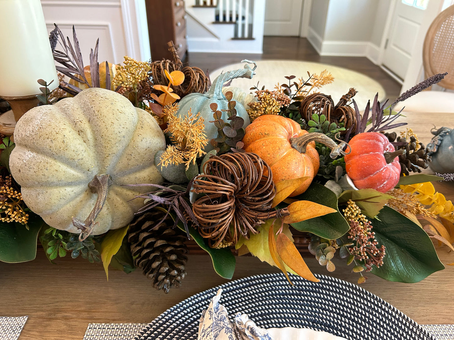 Arrangement for Sale - Fall Pumpkins in a Low, Long, Wooden Base with Candlesticks
