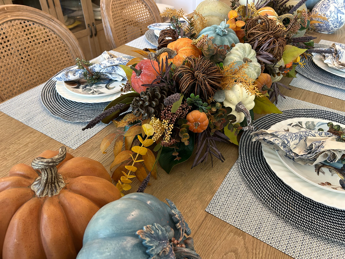 Arrangement for Sale - Fall Pumpkins in a Low, Long, Wooden Base with Candlesticks