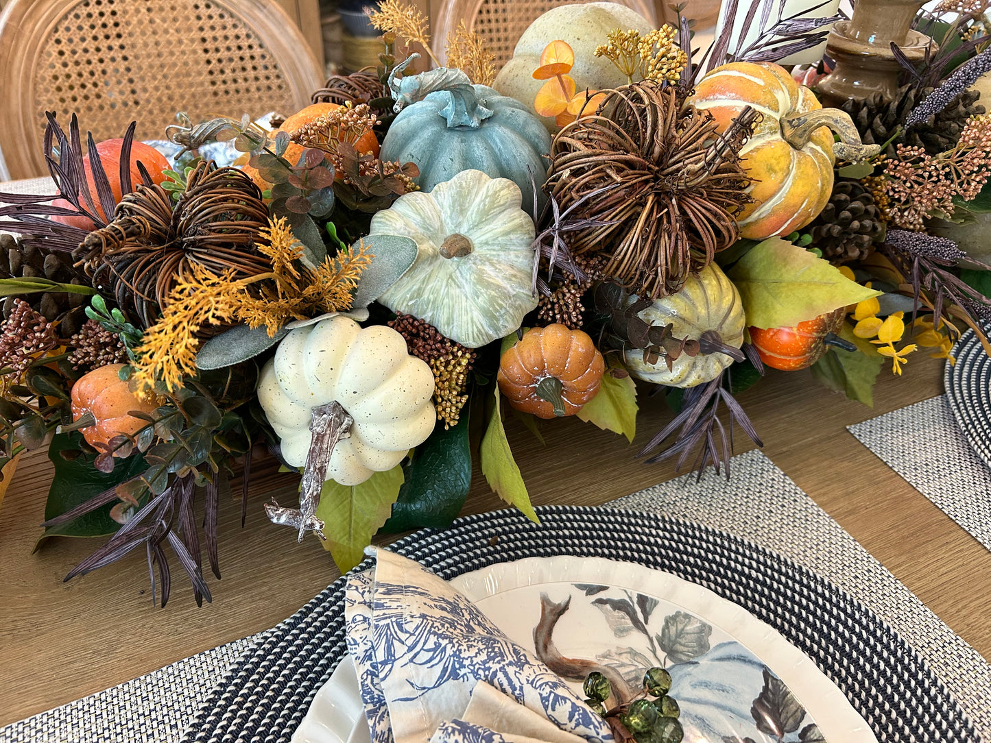 Arrangement for Sale - Fall Pumpkins in a Low, Long, Wooden Base with Candlesticks