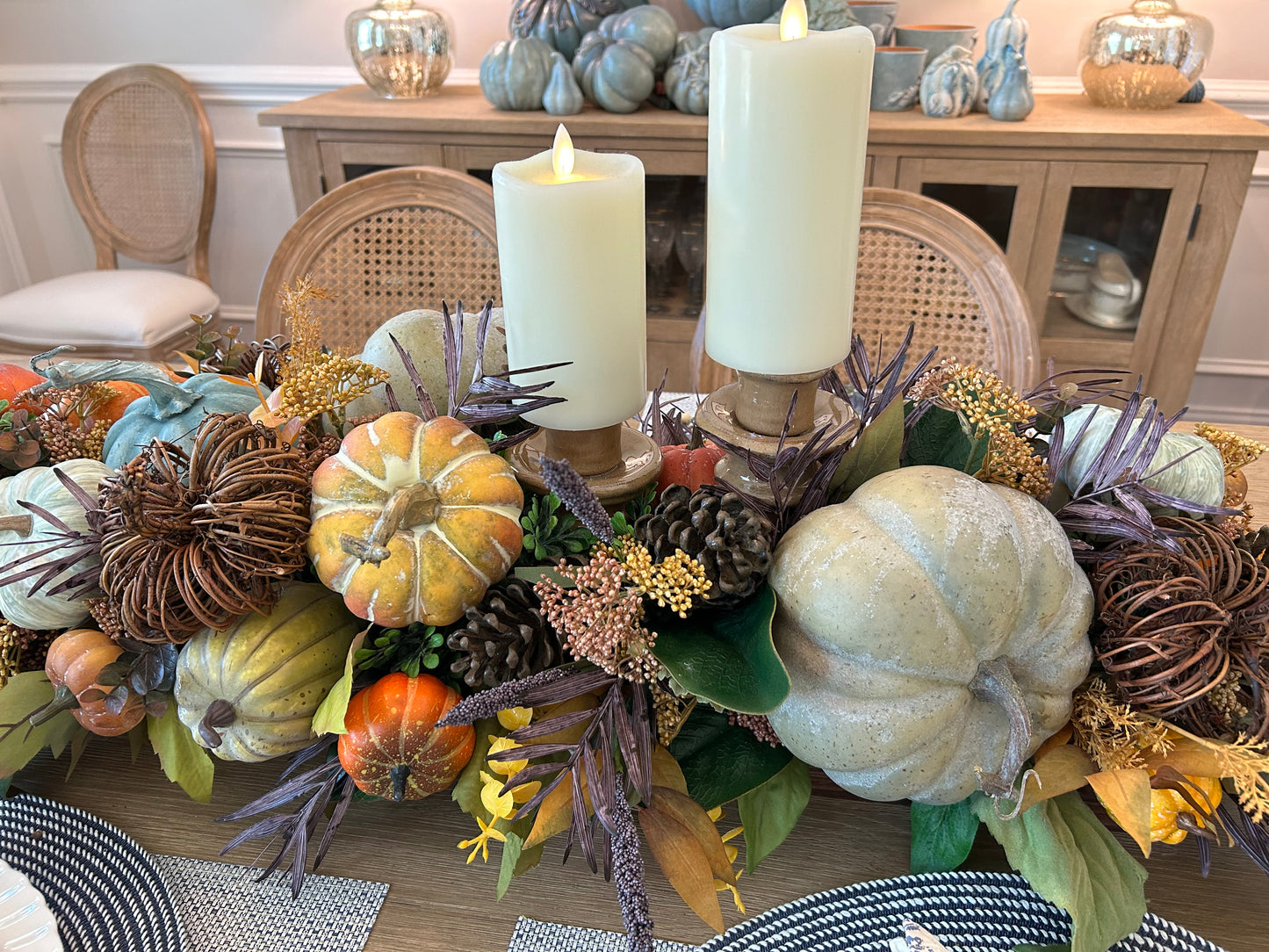 Arrangement for Sale - Fall Pumpkins in a Low, Long, Wooden Base with Candlesticks