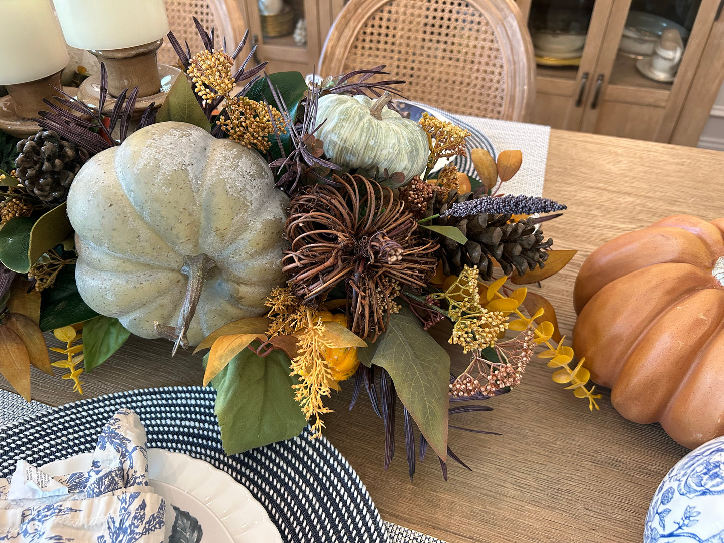 Arrangement for Sale - Fall Pumpkins in a Low, Long, Wooden Base with Candlesticks