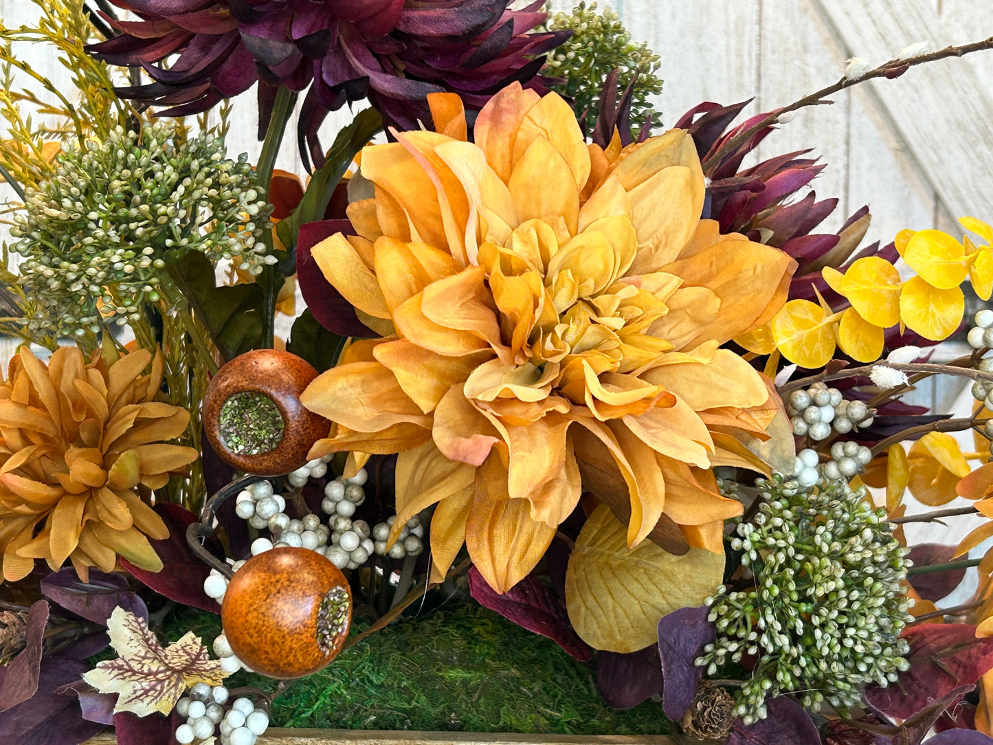 Arrangement for Sale - Fall Dough Bowl Filled with Burgundy and Golden Mums